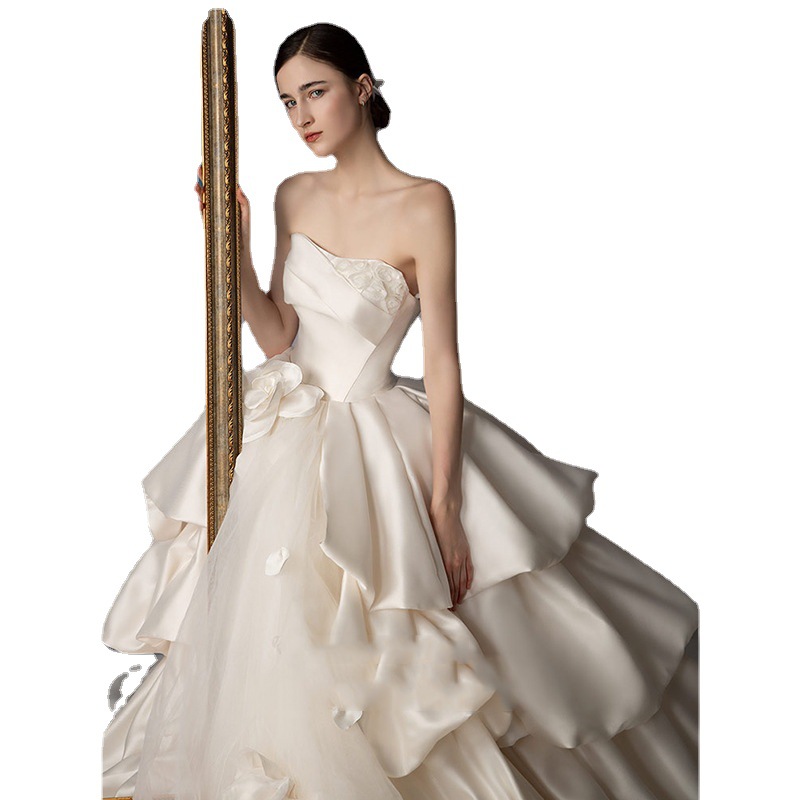 Satin Wedding Gown Engagement Party Bride Dress off Shoulder
