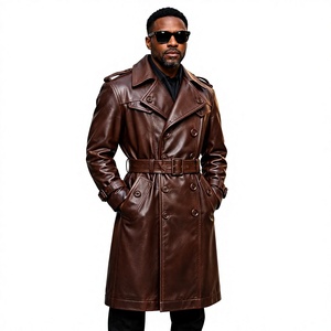 <b>Men</b> Genuine Leather Trench <b>Coat</b> Notched Lapel Double Breasted With Belt <b>Long</b> Length Regular Fit - Product Image 1
