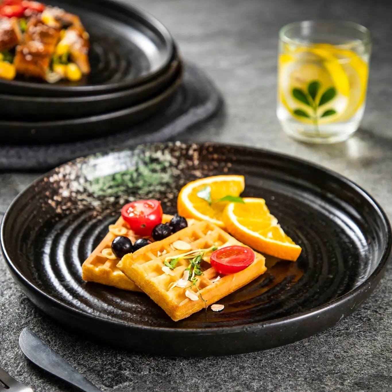 Plato de ensalada de cerámica redondo de hilo de servir comida occidental platos de cena de gres vintage japonés