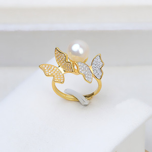 Anillos de Plata S925 Hechos a Mano con Dos Mariposas Abiertas, Soporte para Joyas de Perlas de 9-10 mm, Accesorio DIY 171 - Product Image 1