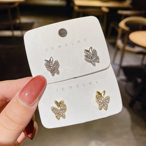 S925 gümüş iğne çift kelebek düğme küpe tam taklidi Mini küçük kristal iki kelebek küpe - Product Image 1