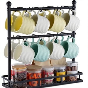 Support à tasses en métal à double niveau avec plateau de rangement pour vaisselle de cuisine, organisateur moderne sur pied, porte-tasses multifonctionnel - Product Image 1