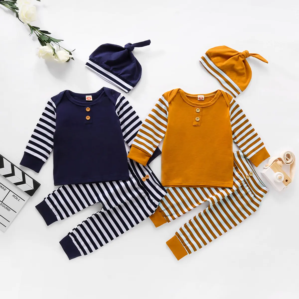 Wholesale Autumn 3pcs Baby Clothing Sets Newborn Baby Boys Girls Top T Shirt+pants+hat Striped Outfits Cotton Clothes Set