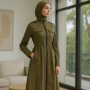 YXC009 Premium Muslimisch-Inspirierter Olivgrüner Langer Trenchcoat mit Reißverschluss & Mehreren Taschen Passender Bambus-Modal-Hijab - Product Image 1