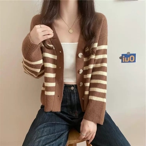 Gestreifter Strick-<span class=keywords><strong>Cardigan</strong></span> für Damen Neu 2026 Herbst/Winter Koreanischer Stil Lässiger und Entspannter Pullover-Jacke - Product Image 1