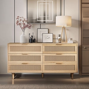 <b>6</b> <b>Drawer</b> Rattan Storage Cabinet Natural Wood 59.06 In For Bedroom Living Room - Product Image 1