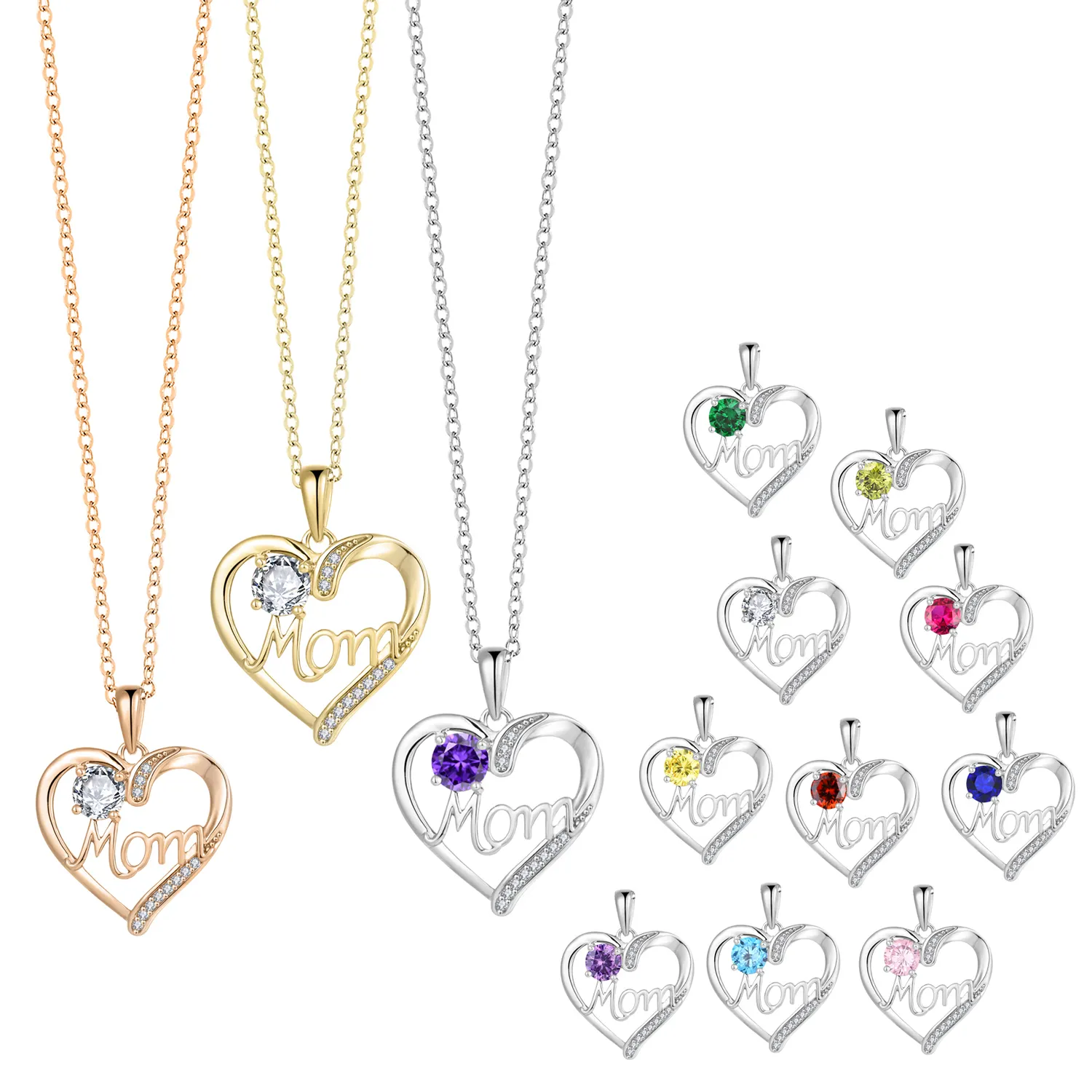 Wholesale Mom Love Heart shape sterling silver craft special mother's day gift women birthstone Pendant necklace