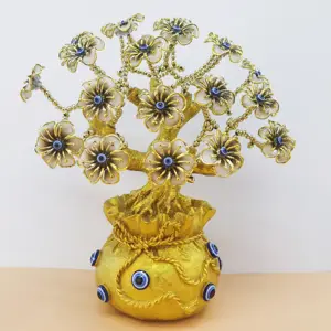 Árbol de la vida de bonsái dorado con diseño de ojo malvado, maceta del Tesoro con diseño de flores marrones y azules extragrandes, para decoración del hogar