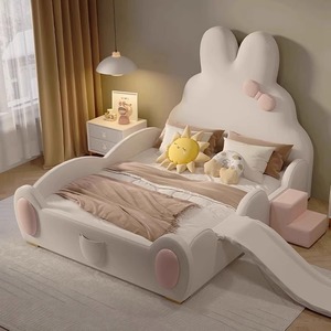 Letto Principessa dei Sogni Popolare, Mobili in Legno Massiccio a Forma di Coniglietto, Letti per Bambine con Ringhiera, Scivolo e Vano Portaoggetti - Product Image 1