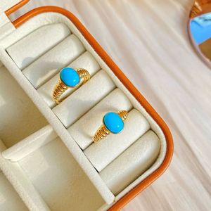 Xinfly Retro 18K Real Gold <b>Turquoise</b> <b>Ring</b> Fine Jewelry for Wedding Engagement Anniversary Party Au750 Calaite - Product Image 2