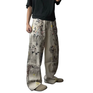 Custom High Streetstyle White Graffiti Dyeing Splatter Dirty Jeans para hombres Vintage Street Style Hip Hop Baggy Jeans Pant - Product Image 3