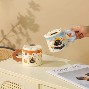 Cute Little Black Cat Cartoon <b>Ceramic</b> <b>Mugs</b> with Lids Set Back to School Couple Souvenirs - Product Image 3