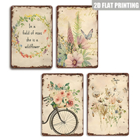 Letrero Metálico Vintage con Flores Silvestres y Mariposas en Acuarela, Arte Floral Retro para Pared del Hogar