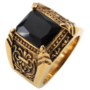 Men's Square Gemstone Singet Rings Personalized Stainless Steel Pinky Black Onxy Blue Topaz Birthstone Statement Ring