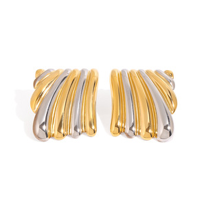<b>Stud</b> <b>Earrings</b> 18K Gold Stainless Steel Two Tone Wave Design Party Jewelry - Product Image 1