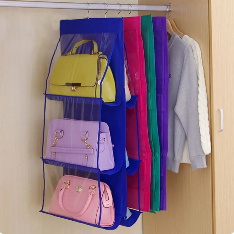 Hot selling 6 Pocket Hanging Handbag Storage for Wardrobe Transparent Folding 3 Layers Folding Closet Storage Bag