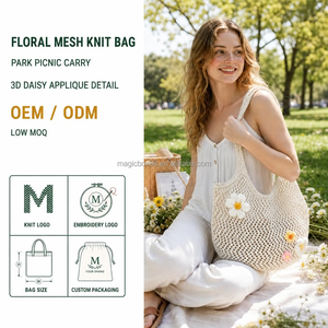 Bolsa de Ombro em Tricô <span class=keywords><strong>Floral</strong></span> Margarida com Aplique 3D de Flor, Branco Creme, Vazada, para Passeio, Piquenique, Compras, com Logotipo Personalizado, Baixo MOQ - Product Image 1