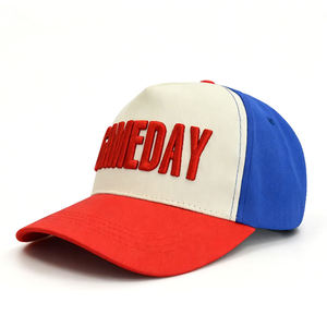 Casquette de baseball personnalisée pour le jour du match, faible MOQ, OEM ODM, rouge, broderie 3D en relief, blocs de couleurs tricolores, structurée, 5 panneaux - Product Image 5