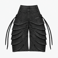 Shorts en jean épais DiZNEW Premium pour hommes, avec détails de panneaux superposés uniques, multi-sangles, coupe ample, logo personnalisé, fabrication BSCI