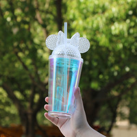 Vente en gros, gobelet d'été à double paroi réutilisable, gobelet d'été en plastique acrylique transparent avec paille et couvercle d'oreilles de souris 16oz