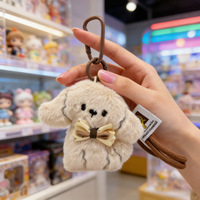 Porte-clés en peluche doux et moelleux en forme de chiot Bichon Frisé avec nœud, avec dragonne et cordon