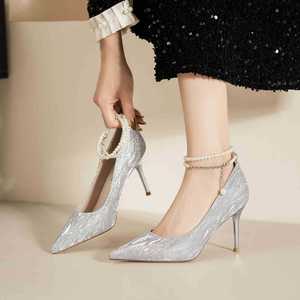 Bridal Pumps Pointed Toe Stiletto Heel Ankle Strap Pearl Bead <b>Decor</b> High Heel Wedding <b>Shoes</b> Comfortable Satin Lining 6681Y - Product Image 5
