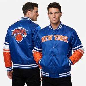 Custom Logo Men's Baseball Satin Quilted Jacket Striped Rib-Knit Stand Collar Waterproof Varsity Bomber Jacket OEM Service - Product Image 1