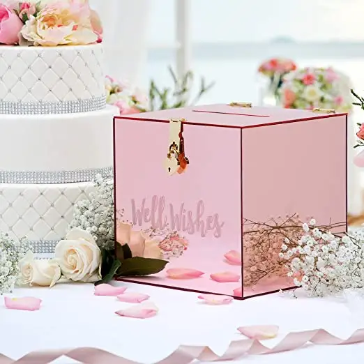 Cerradura y llave rosa de espejo de acrílico de la tarjeta de boda de caja para los huéspedes tarjetas regalos de dinero