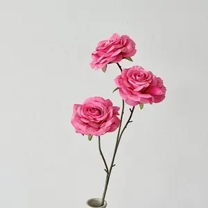 SZ High Quality Real Looking roses artificial flowers Home decor rose flower 3 head Silk single pink rose bunch for whole sale