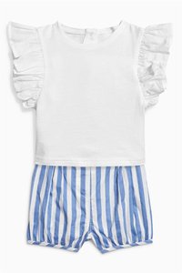 Conjunto Casual y Cómodo para Bebé, Camisa Elegante con Mangas con Volantes y Pantalones Cortos a Rayas - Product Image 2