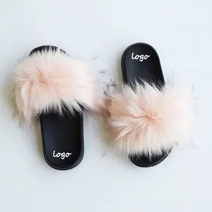 Custom Logo China wholesale supplier fake fur slippers flat indoor faux fur slides