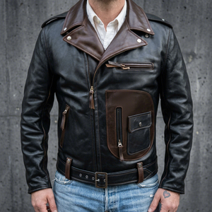 Chaqueta de Cuero Genuino y Lona, Estilo Racer, Impermeable, Transpirable, Resistente al Viento, con Cuello Mao y Cierre de Cremallera, Unisex - Product Image 1
