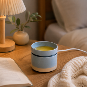 Brûleur d'arômes en céramique, chauffe-bougie électrique, couleur bleue, diffuseur d'huiles essentielles d'aromathérapie électrique 3 6 9H pour intérieur, respectueux de l'environnement - Product Image 1
