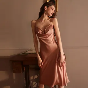 Sfy8477 Gaun Kasual Kerah Gratis untuk Wanita Pakaian Tidur Belah Samping Dewasa, Gaun Malam Pesta Sutra Elegan Mode Pakaian Santai