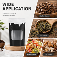Pochette souple noire mate personnalisable avec logo, fermeture éclair refermable et fenêtre transparente pour emballage alimentaire, bonbons et snacks