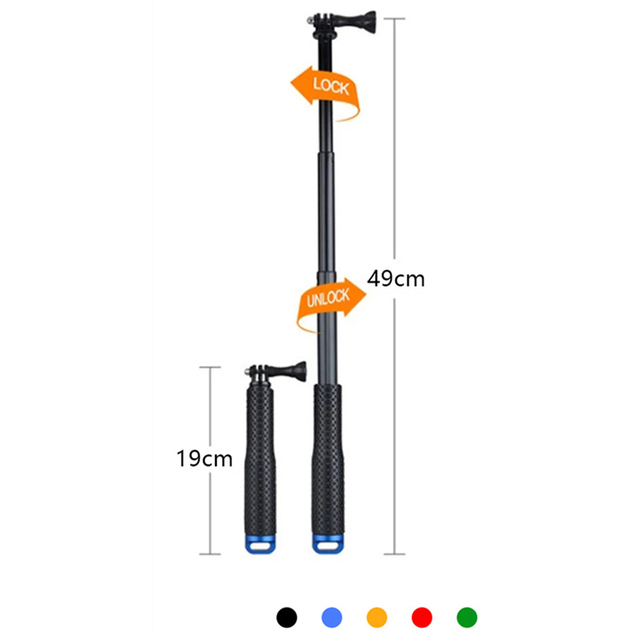 19Inch Aluminum Monopod Extension Pole Selfy Handheld Gripper Mount Selfie Stick for All GoPro Hero 12 11 10 9 8 7 6 5 Insta360
