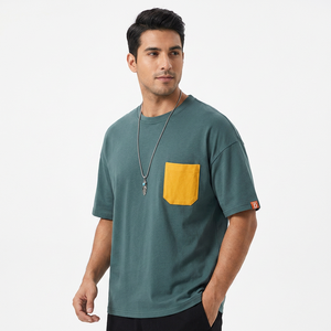 T-shirt à manches courtes pour homme, couleur unie, coupe ample, avec poche jaune, col rond, en jersey de coton respirant, style décontracté - Product Image 6