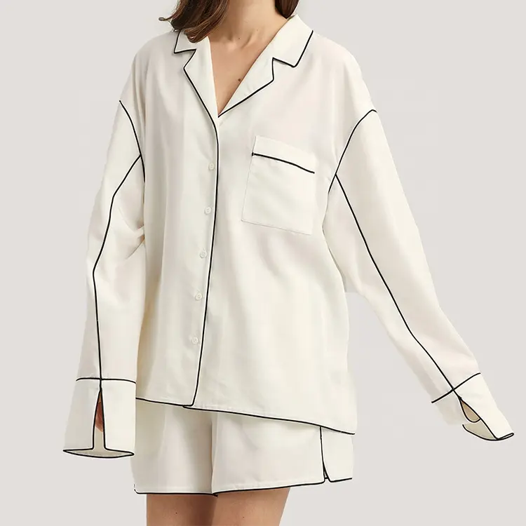 OEM özel tasarımlar kadın uzun kollu boş beyaz saten pijama setleri ipek özel logolar etiket pijama kadın pijama