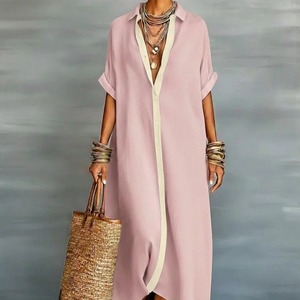 Nuevo Vestido Camisero de Verano 2026 al por Mayor con Bloques de Color en Contraste, Estilo <span class=keywords><strong>Francés</strong></span> Chic, Holgado, Oversize, de Algodón y <span class=keywords><strong>Lino</strong></span>, Maxi Vestido Tallas Grandes Negro - Product Image 2