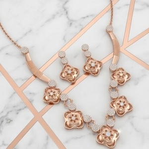 Ensemble de collier floral en argent 925 plaqué or rose italien avec boucles d'oreilles assorties serties de cristaux, bijoux de créateur pour femmes - Product Image 1