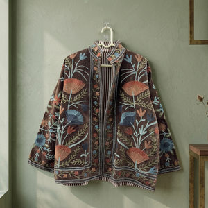 Blouson Bomber en Velours Brodé Floral pour Femme, Col Montant, Manches Classiques, Vêtement d'Automne, Style Bohème Suzani - Product Image 1