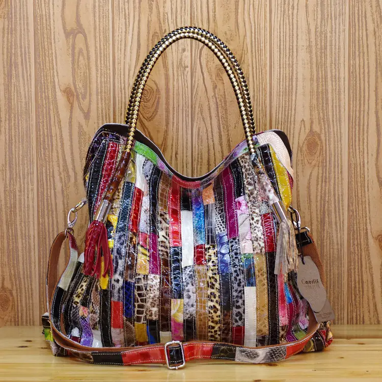 wholesale patchwork real cowhide genuine leather handbag ladies Vintage unique colorful stripes snake large women's tote bags