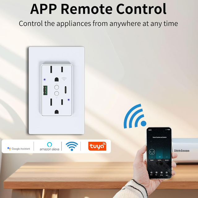 Tuya WiFi Outlet with PD20W Fast Charging 2 Outlets US Standard Smart Wall Socket 125V 15A 1 USB-A + 1 USB-C Port