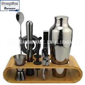 Ensemble de barman de 11 pièces en acier inoxydable avec support en bambou, ensemble de bar à cocktails parisien, support en bois - Product Image 5