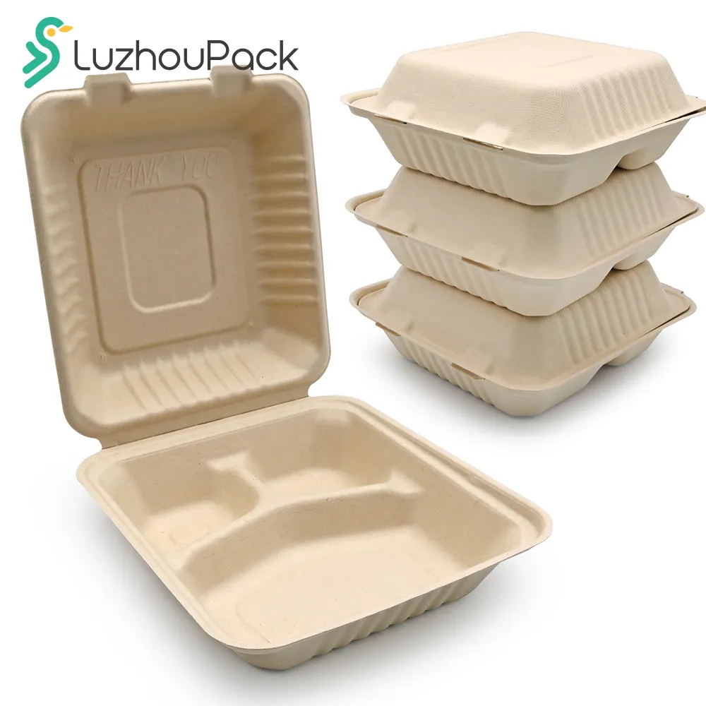 Luzhoupack nhà máy trực tiếp 1000ml 8 "3 ngăn sinh thái thân thiện bã mía compostable phân hủy sinh học dùng một lần thực phẩm container giấy