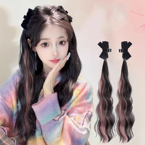 2 Pièces Extensions de Cheveux Double Queue de Cheval à Clipser Style Nœud, <span class=keywords><strong>Postiche</strong></span> Ondulé Ombré Rose pour Cosplay et Accessoires Capillaires Streetwear - Product Image 1