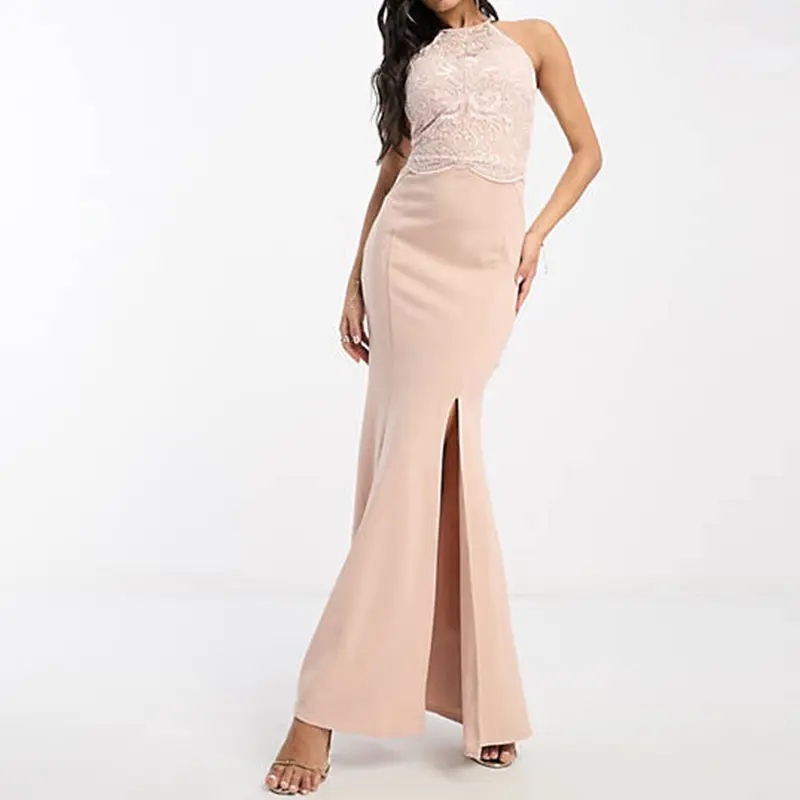 2022 Evening Dresses Women's Light Pink Halter Neck Lace Embellishment Mermaid Maxi gown