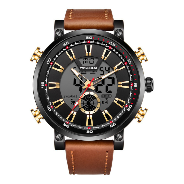 Asia Time Double-Display Dual Movement Mens Watch Waterproof Luminous Multifunction Quartz Business-Casual All-Match Leather