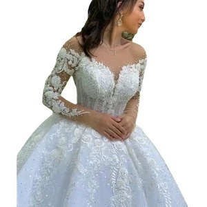Robe de mariée personnalisée illusion à manches longues, avec fleurs et dentelle, style <span class=keywords><strong>princesse</strong></span>, grandes tailles - Product Image 5