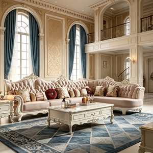 Divano Sezionale in Legno Massello Intagliato Stile Europeo di Lusso, Divano a L in Pelle per Soggiorno di Villa, Hall di Hotel, Arredamento <span class=keywords><strong>Casa</strong></span> - Product Image 1